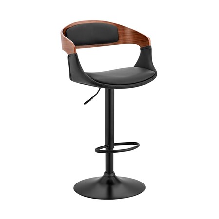Armen Living Benson Adjustable Black Faux Leather and Walnut Wood Bar Stool with Black Base LCBNBAWABLBL